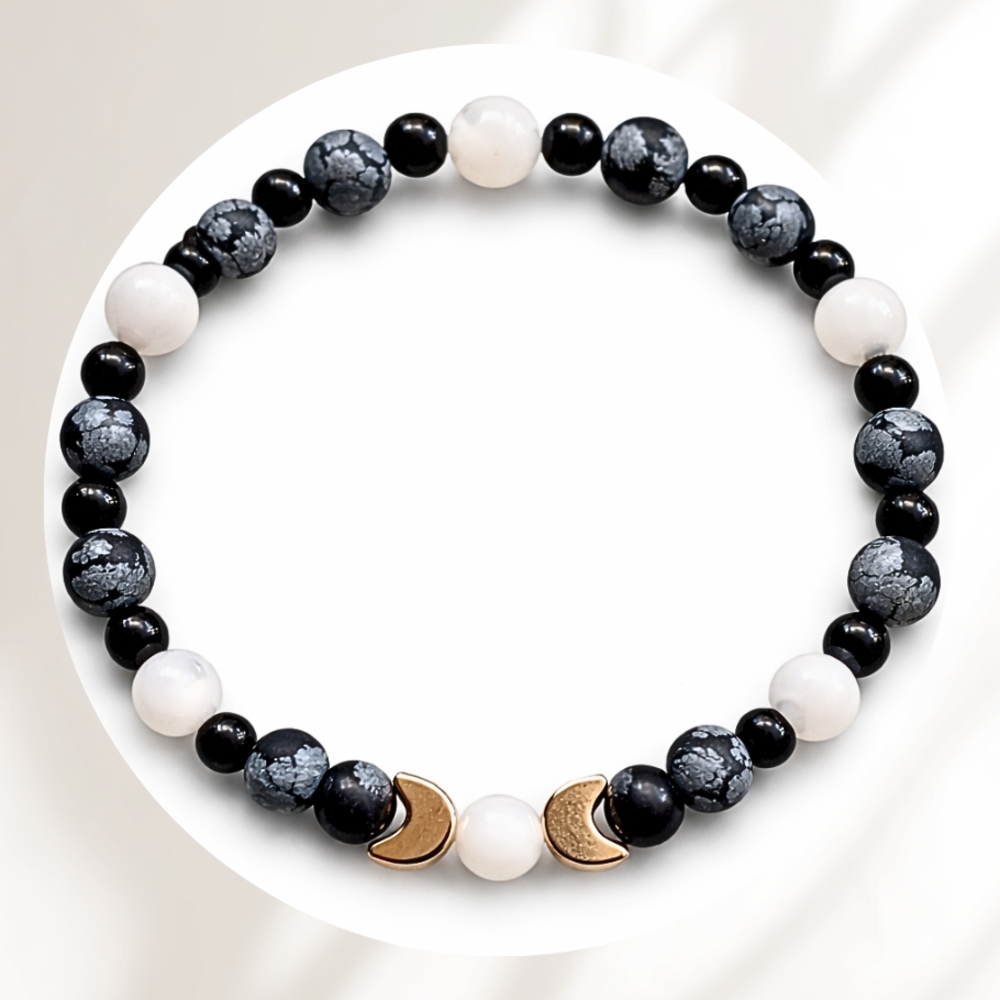 Elegant GENUINE Black Onyx, Other of Pearl, and Snowflake Obsidian Bracelet